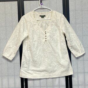 Eddie Bauer Ivory Embroidered Tunic Top S Ruffle V-Neck Long Sleeve 1/4 Button